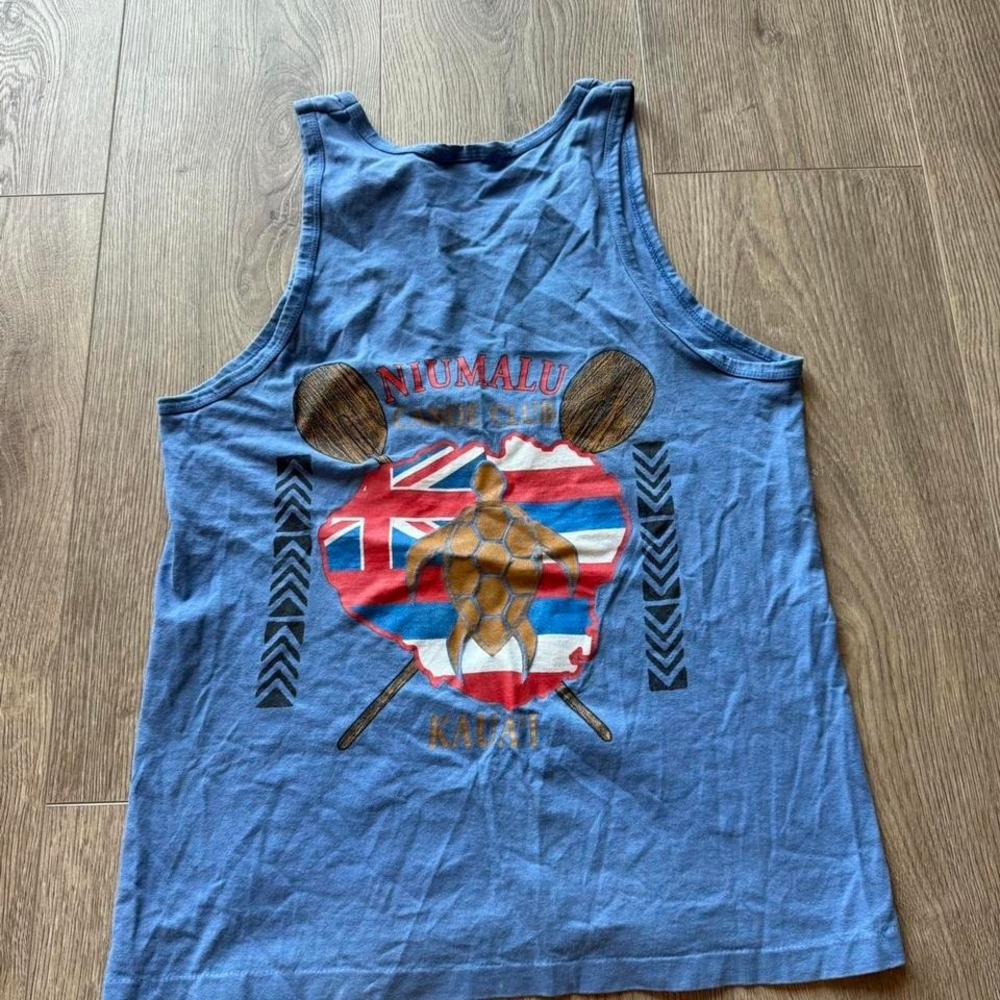 O'Neill Kauai Hawaii Graphic Tank Top Blue Surf Canoe Club Double Sided Size S